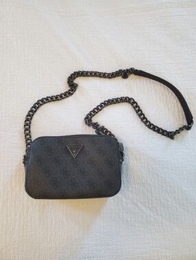 Guess Noelle Crossbody Camera Bag In Black Gunmetal Grey Logo Print